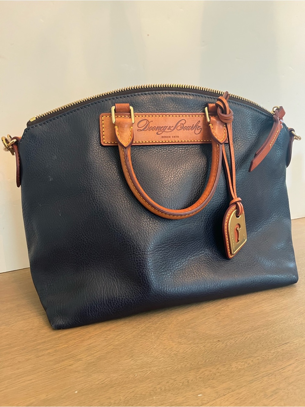 Dooney & Bourke Navy Leather Satchel with Tan Trim and Gold Hardware